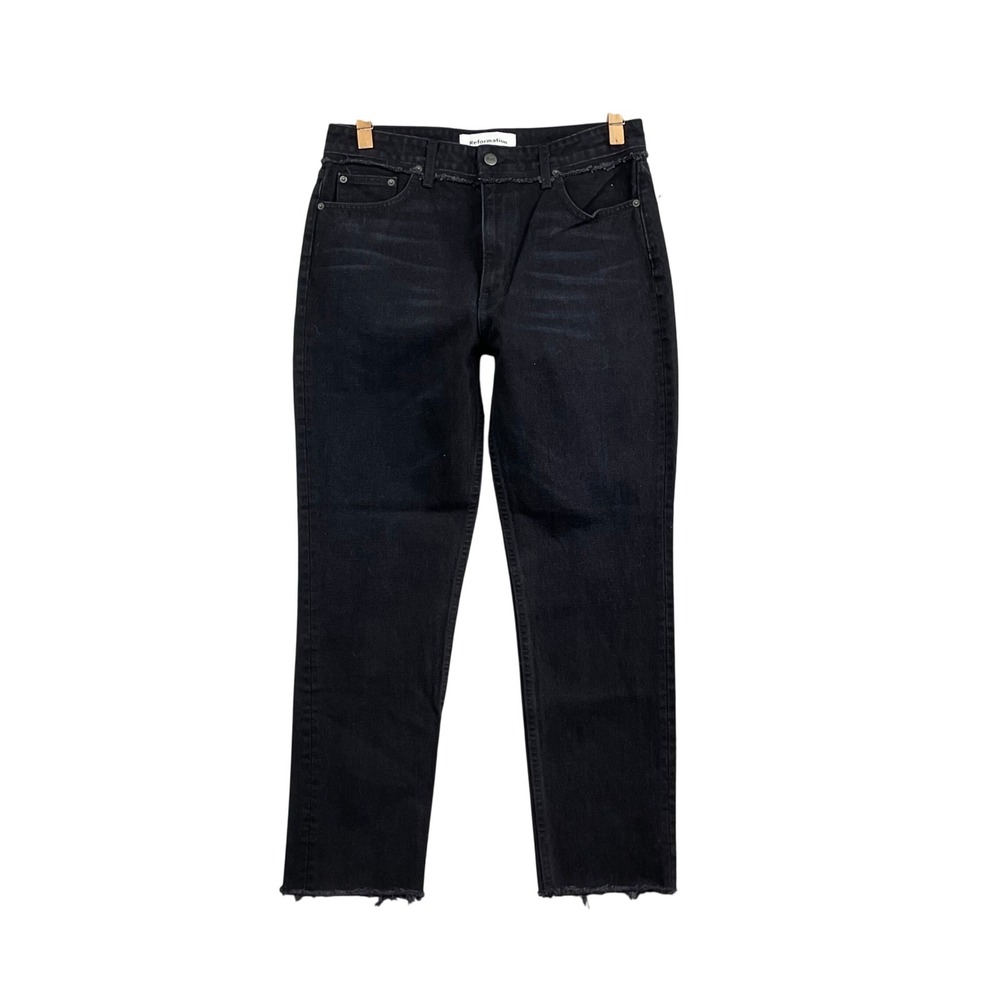 Reformation Straight Leg Jeans Womens 30 Black Raw Hem High Rise‎ Denim Pants